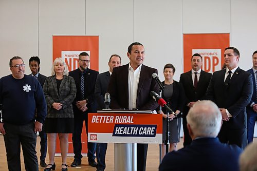 Manitoba's leader of the NDP, Wab Kinew announces his healthcare platform with several members of his party at the Tundra Oil and Gas Place on Monday. (Michele McDougall/The Brandon Sun)