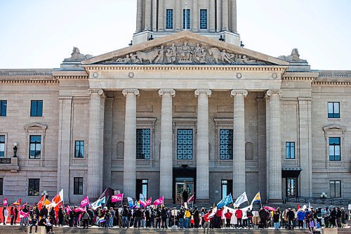 MIKAELA MACKENZIE / WINNIPEG FREE PRESS
 
Union activists rally at the Legislature on May Day in Winnipeg on Monday, May 1, 2023. One-third of PSAC members are currently still on strike.

Winnipeg Free Press 2023.