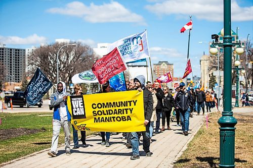 MIKAELA MACKENZIE / WINNIPEG FREE PRESS
 
Albert Boakye (left) and Evandro Andrade lead the march from the Union Centre to the Legislature on May Day, an important day for union activists, in Winnipeg on Monday, May 1, 2023. One-third of PSAC members are currently still on strike.

Winnipeg Free Press 2023.