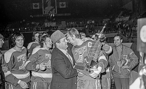 Dave Johnson / Winnipeg Free Press files
Portage captain, Grant Farncombe, is handed the Centennial Cup while surrounded by his team mates and head coach Muzz MacPherson (wearing a fedora).
On Monday, May 14, 1973,&#xa0;the Portage Terriers clinched the Centennial Cup, beating the Pembroke Lumber Kings (Ont.) 4-2 in the fifth game of the series at Winnipeg Arena.
See Mike Sawatzky story