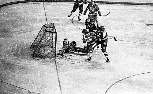 Dave Johnson / Winnipeg Free Press files
Pembroke goalie tries to stop the puck during game action against the Portage Terries at Winnipeg Arena.
On Monday, May 14, 1973,&#xa0;the Portage Terriers clinched the Centennial Cup, beating the Pembroke Lumber Kings (Ont.) 4-2 in the fifth game of the series at Winnipeg Arena.
See Mike Sawatzky story