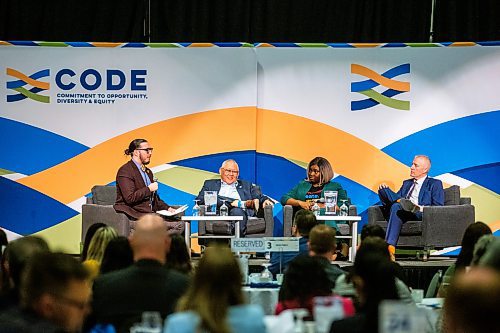 MIKAELA MACKENZIE / WINNIPEG FREE PRESS
 
Noah Wilson (left), Peter Nunoda, Oyindamola Alaka, and Jason Gill speak in a panel discussion at the second-ever CODE conference, an event held by the Winnipeg Chamber of Commerce which promotes diversity in the workplace, at the RBC Convention Centre in Winnipeg on Wednesday, May 3, 2023. For Gabby story.

Winnipeg Free Press 2023.