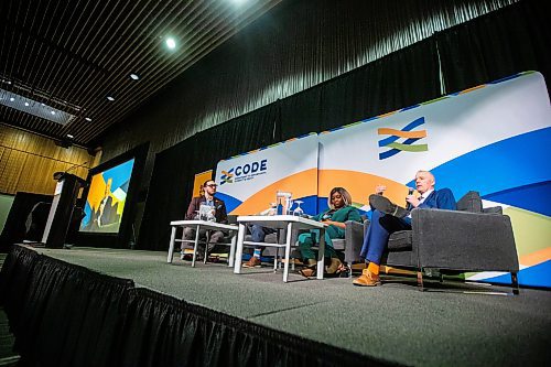 MIKAELA MACKENZIE / WINNIPEG FREE PRESS
 
Noah Wilson (left), Peter Nunoda, Oyindamola Alaka, and Jason Gill speak in a panel discussion at the second-ever CODE conference, an event held by the Winnipeg Chamber of Commerce which promotes diversity in the workplace, at the RBC Convention Centre in Winnipeg on Wednesday, May 3, 2023. For Gabby story.

Winnipeg Free Press 2023.