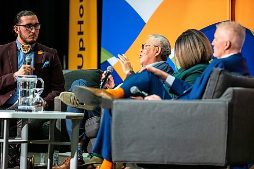 MIKAELA MACKENZIE / WINNIPEG FREE PRESS
 
Noah Wilson (left), Peter Nunoda, Oyindamola Alaka, and Jason Gill speak in a panel discussion at the second-ever CODE conference, an event held by the Winnipeg Chamber of Commerce which promotes diversity in the workplace, at the RBC Convention Centre in Winnipeg on Wednesday, May 3, 2023. For Gabby story.

Winnipeg Free Press 2023.