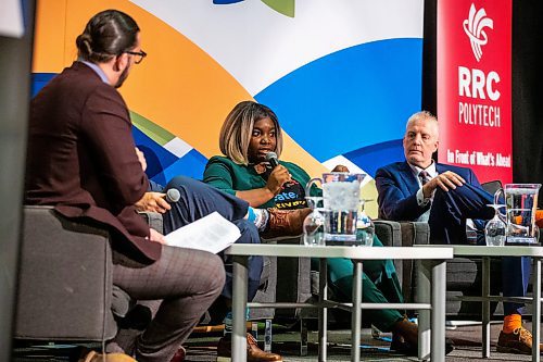 MIKAELA MACKENZIE / WINNIPEG FREE PRESS
 
Noah Wilson (left), Peter Nunoda, Oyindamola Alaka, and Jason Gill speak in a panel discussion at the second-ever CODE conference, an event held by the Winnipeg Chamber of Commerce which promotes diversity in the workplace, at the RBC Convention Centre in Winnipeg on Wednesday, May 3, 2023. For Gabby story.

Winnipeg Free Press 2023.