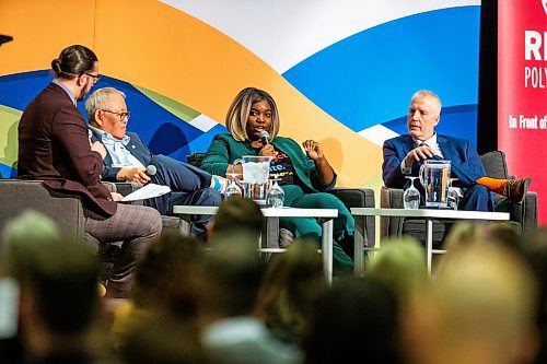 MIKAELA MACKENZIE / WINNIPEG FREE PRESS
 
Noah Wilson (left), Peter Nunoda, Oyindamola Alaka, and Jason Gill speak in a panel discussion at the second-ever CODE conference, an event held by the Winnipeg Chamber of Commerce which promotes diversity in the workplace, at the RBC Convention Centre in Winnipeg on Wednesday, May 3, 2023. For Gabby story.

Winnipeg Free Press 2023.