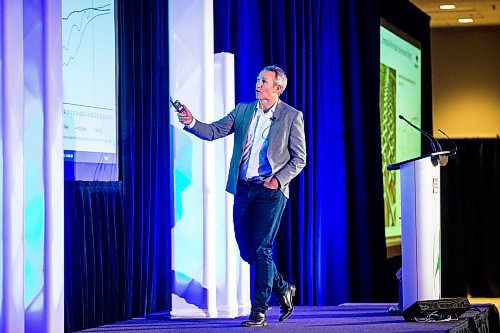 MIKAELA MACKENZIE / WINNIPEG FREE PRESS
 
Lewis Prebble, head of the airlines and fleet division  of StandardAero, speaks at the Aerospace Manufacturing and MRO conference at the RBC Convention Centre in Winnipeg on Wednesday, May 3, 2023. For Martin story.

Winnipeg Free Press 2023.