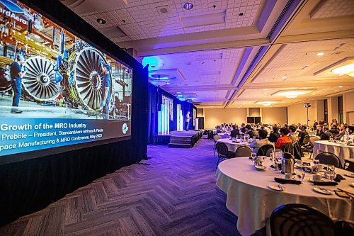 MIKAELA MACKENZIE / WINNIPEG FREE PRESS
 
Lewis Prebble, head of the airlines and fleet division  of StandardAero, speaks at the Aerospace Manufacturing and MRO conference at the RBC Convention Centre in Winnipeg on Wednesday, May 3, 2023. For Martin story.

Winnipeg Free Press 2023.