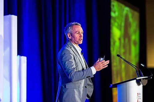 MIKAELA MACKENZIE / WINNIPEG FREE PRESS
 
Lewis Prebble, head of the airlines and fleet division  of StandardAero, speaks at the Aerospace Manufacturing and MRO conference at the RBC Convention Centre in Winnipeg on Wednesday, May 3, 2023. For Martin story.

Winnipeg Free Press 2023.