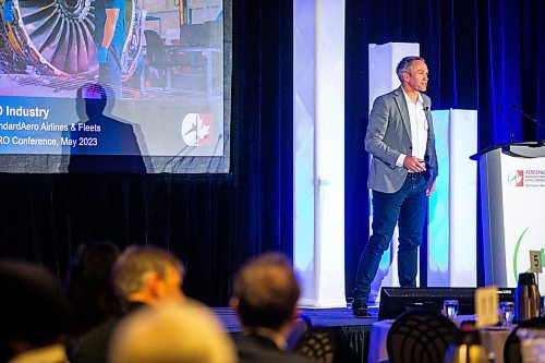 MIKAELA MACKENZIE / WINNIPEG FREE PRESS
 
Lewis Prebble, head of the airlines and fleet division  of StandardAero, speaks at the Aerospace Manufacturing and MRO conference at the RBC Convention Centre in Winnipeg on Wednesday, May 3, 2023. For Martin story.

Winnipeg Free Press 2023.