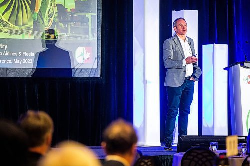 MIKAELA MACKENZIE / WINNIPEG FREE PRESS
 
Lewis Prebble, head of the airlines and fleet division  of StandardAero, speaks at the Aerospace Manufacturing and MRO conference at the RBC Convention Centre in Winnipeg on Wednesday, May 3, 2023. For Martin story.

Winnipeg Free Press 2023.