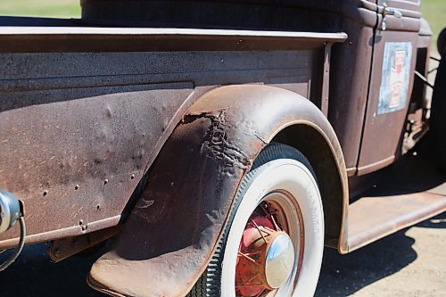 Close up of a past repair job from a fender bender on Curt Stauffer's 1932 Truck Model B, flathead V8 engine and three speed manual transmission at Dinsdale Park on Thursday. (Michele McDougall, The Brandon Sun)
