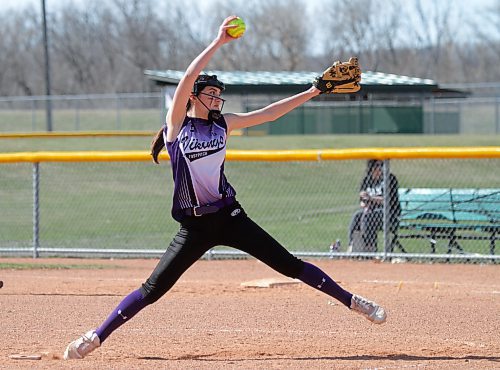 Vincent Massey's Ashton Andrew collected her first win of the season in the pitcher's circle, defeating the Crocus Plainsmen 20-7 in Brandon High School Softball League action at Ashley Neufeld Softball Complex on Thursday. (Thomas Friesen/The Brandon Sun)