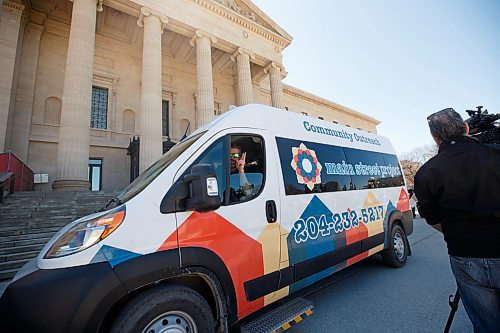 Mike Deal / Winnipeg Free Press
The Main Street Project van arrives as dozens rally on the steps of the Manitoba Legislative building Thursday on issues of safe injection sites, better healthcare for houseless people.
See Malak Abas story
230504 - Thursday, May 04, 2023.