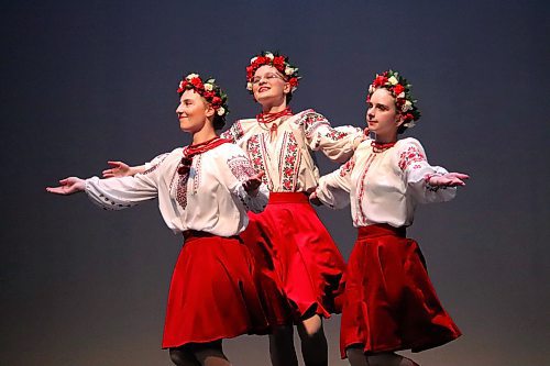 Members of the Winnipegosis Sopilka Dancers, including Belle Maniel, Ana Sliworsky and Elizabeth Wiens, move in unison during the opening hour of the Brandon Troyanda School of Ukrainian Dance's 2023 dance festival, which took place at the Western Manitoba Centennial Auditorium. Organizers told the Sun that this year's competition is their first since 2018, as their 2020 event was cancelled due to the emerging COVID-19 pandemic. (Kyle Darbyson/The Brandon Sun)