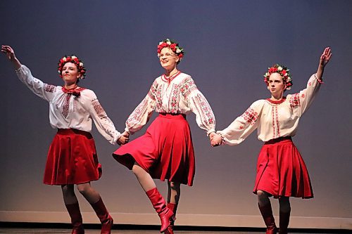 Members of the Winnipegosis Sopilka Dancers club, including Belle Maniel, Ana Sliworsky and Elizabeth Wiens, move in unison during the opening hour of the Brandon Troyanda School of Ukrainian Dance's 2023 dance festival, which took place at the Western Manitoba Centennial Auditorium. Organizers told the Sun that this year's competition is their first since 2018, as their 2020 event was cancelled due to the emerging COVID-19 pandemic. (Kyle Darbyson/The Brandon Sun)