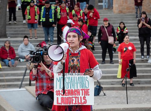 JESSICA LEE / WINNIPEG FREE PRESS

Cambria Harris, daughter of the late Morgan Harris, who was killed by a Winnipeg man, speaks at the Forks before a walk. Hundreds gathered at The Forks May 5, 2023 to march to the Legislative Building for National Day of Awareness of Missing and Murdered Indigenous Women and Girls and Two-Spirited Peoples.

Reporter: Gabby Piche