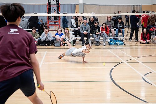 JESSICA LEE / WINNIPEG FREE PRESS

High school badminton player Takashi Kisaku, 17, (in white) from Maples Collegiate is photographed during a finals match May 6, 2023 at Sport For Life Centre against St. Paul&#x2019;s High School player Evan Chen, 18.

Reporter: Taylor Allen