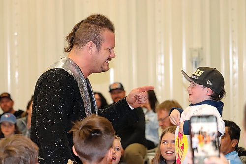 (The Headline) Shaun Martens attempts to intimidate a young audience member right before his match against Canadian Wrestling's Elite fan-favourite Sammy Peppers in Rivers on Saturday. (Kyle Darbyson/The Brandon Sun)