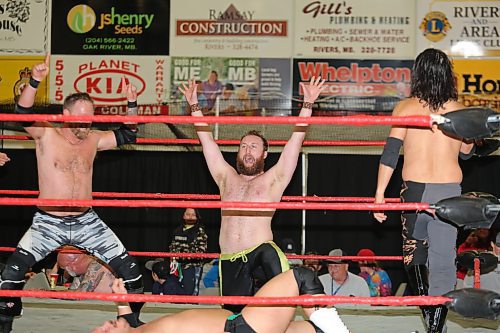 Sammy Peppers celebrates his winning pinfall during an eight-man tag-team match at Canadian Wrestling's Elite's show in Rivers on Saturday evening. (Kyle Darbyson/The Brandon Sun)