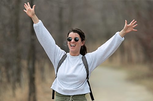 BROOK JONES / WINNIPEG FREE PRESS
Lindsay Kane, who is the program and administrative coordinator for Save our Seine, shows her enthusiasm for the guided walk along the Seine River in Lagimodi&#xe8;re-Gaboury Park by members of Save our Seine. Organizers say 80 people registered for the Seine River Trail Jane's Walk in Winnipeg, Man., during the afternoon of Sunday, May 7, 2023. The citizen-led walking conversations inspired by citizen activist Jane Jacobs take place on the first weekend in May every year. Jane's Walk festivals take place in hundreds of cities around the world with the goal of encouraging people to share stories about their neighbourhoods and discover unseen aspects of their communities.