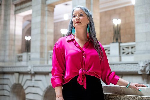 MIKAELA MACKENZIE / WINNIPEG FREE PRESS
 
NDP MLA Nahanni Fontaine poses for a photo wearing Women Helping Women Beadwork earrings at the Manitoba Legislative Building in Winnipeg on Monday, May 8, 2023. For Kevin story.

Winnipeg Free Press 2023.