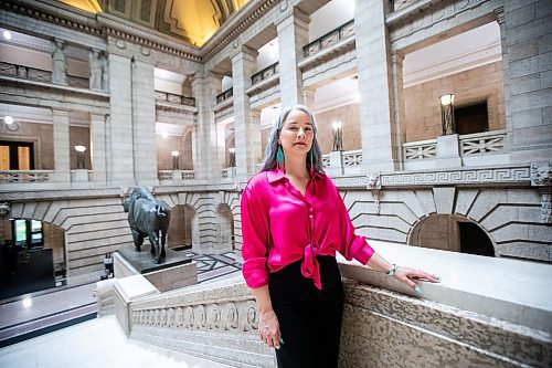 MIKAELA MACKENZIE / WINNIPEG FREE PRESS
 
NDP MLA Nahanni Fontaine poses for a photo wearing Women Helping Women Beadwork earrings at the Manitoba Legislative Building in Winnipeg on Monday, May 8, 2023. For Kevin story.

Winnipeg Free Press 2023.