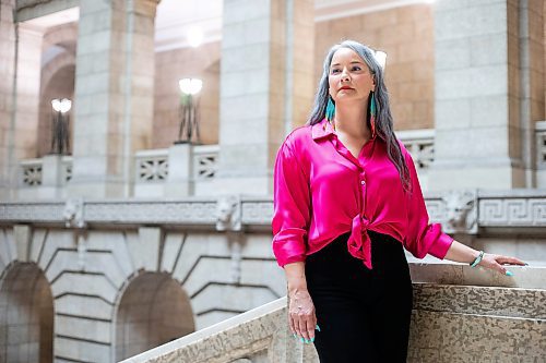 MIKAELA MACKENZIE / WINNIPEG FREE PRESS
 
NDP MLA Nahanni Fontaine poses for a photo wearing Women Helping Women Beadwork earrings at the Manitoba Legislative Building in Winnipeg on Monday, May 8, 2023. For Kevin story.

Winnipeg Free Press 2023.