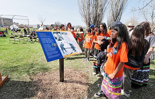 RUTH BONNEVILLE / WINNIPEG FREE PRESS 

LOCAL STDUP - Fontaine Panel unveiled 

Students from Gonzaga Middle School along with community leaders and Theodore's spouse, Morgan Fontaine, take part in the unveiling of an interpretive panel at Theodore Niizhotay Fontaine park on Wednesday.  

The City of Winnipeg created an interpretive panel in commemoration of Theodore Niizhotay Fontaine which is located in the north east corner of the park on Wellington Crescent to bring awareness to the former site of the Assiniboia Indian Residential School, which was next to the park, on Academy Road.

The all-day ceremony started at sunrise, 5:30am and will end at sundown at approximately 9:00pm with ongoing activities that is open to all. 


May 10th,, 2023