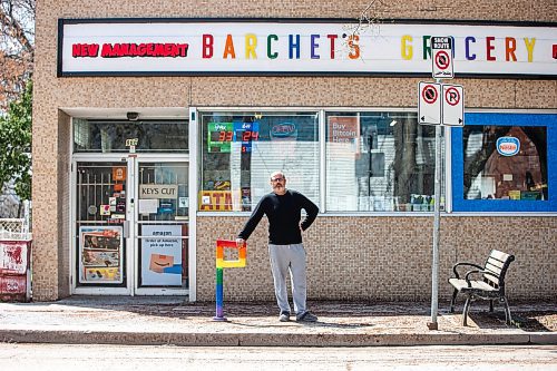 MIKAELA MACKENZIE / WINNIPEG FREE PRESS
 
Monissh Kapoor, owner of Barchet's Grocery, poses for a photo in front of his shop in Winnipeg on Thursday, May 11, 2023. Monissh is selling the corner store because of health issues. For Gabby story.

Winnipeg Free Press 2023.