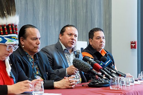 Mike Deal / Winnipeg Free Press
Southern Chiefs' Organization (SCO) Grand Chief Jerry Daniels speaks while MKO Grand Chief Garrison Settee (left) and Treaty 1 Grand Chief Gordon Bluesky (right) listen during a discussion about the feasibility study regarding Prairie Green and the next steps in the search.
The Assembly of Manitoba Chiefs hold a press conference &quot;in partnership&quot; with Long Plain First Nation and the families of Rebecca Contois, Morgan Harris and Marcedes Myran to announce the completion of the landfill search feasibility study regarding Prairie Green and discuss the next steps at the Wyndham Garden Hotel, Long Plain First Nation, 460 Madison Street, Friday afternoon.
230512 - Friday, May 12, 2023.