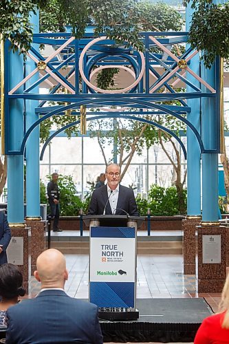 Mike Deal / Winnipeg Free Press
Jim Ludlow, president, True North Real Estate Development, speaks during the event.
True North Real Estate Development announces its plan to re-develop Portage Place into a &#x201c;campus for health, wellness and neighbourhood services&#x201d; during an event attended by Premier Stefanson, Mark Chipman, executive chairman, True North Sports and Entertainment, Jim Ludlow, president, True North Real Estate Development, and Lanette Siragusa, CEO, Shared Health Friday morning in the mall&#x2019;s atrium.
230512 - Friday, May 12, 2023.