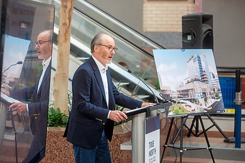 Mike Deal / Winnipeg Free Press
Jim Ludlow, president, True North Real Estate Development, speaks during the event.
True North Real Estate Development announces its plan to re-develop Portage Place into a &#x201c;campus for health, wellness and neighbourhood services&#x201d; during an event attended by Premier Stefanson, Mark Chipman, executive chairman, True North Sports and Entertainment, Jim Ludlow, president, True North Real Estate Development, and Lanette Siragusa, CEO, Shared Health Friday morning in the mall&#x2019;s atrium.
230512 - Friday, May 12, 2023.