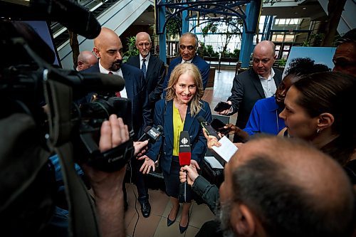 Mike Deal / Winnipeg Free Press
Lanette Siragusa, CEO, Shared Health, during a scrum with media after the event.
True North Real Estate Development announces its plan to re-develop Portage Place into a “campus for health, wellness and neighbourhood services” during an event attended by Premier Stefanson, Mark Chipman, executive chairman, True North Sports and Entertainment, Jim Ludlow, president, True North Real Estate Development, and Lanette Siragusa, CEO, Shared Health Friday morning in the mall’s atrium.
230512 - Friday, May 12, 2023.