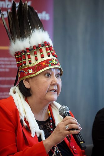 Mike Deal / Winnipeg Free Press
AMC Grand Chief Cathy Merrick speaks about the feasibility study regarding Prairie Green and discusses the next steps in the search.
The Assembly of Manitoba Chiefs hold a press conference &quot;in partnership&quot; with Long Plain First Nation and the families of Rebecca Contois, Morgan Harris and Marcedes Myran to announce the completion of the landfill search feasibility study regarding Prairie Green and discuss the next steps at the Wyndham Garden Hotel, Long Plain First Nation, 460 Madison Street, Friday afternoon.
230512 - Friday, May 12, 2023.