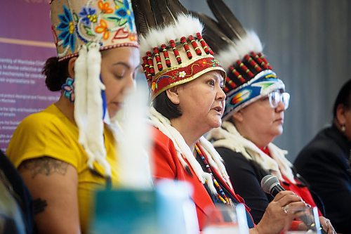 Mike Deal / Winnipeg Free Press
AMC Grand Chief Cathy Merrick speaks about the feasibility study regarding Prairie Green and discusses the next steps in the search.
The Assembly of Manitoba Chiefs hold a press conference &quot;in partnership&quot; with Long Plain First Nation and the families of Rebecca Contois, Morgan Harris and Marcedes Myran to announce the completion of the landfill search feasibility study regarding Prairie Green and discuss the next steps at the Wyndham Garden Hotel, Long Plain First Nation, 460 Madison Street, Friday afternoon.
230512 - Friday, May 12, 2023.