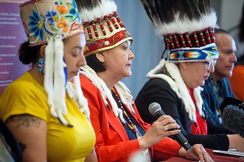 Mike Deal / Winnipeg Free Press
AMC Grand Chief Cathy Merrick speaks about the feasibility study regarding Prairie Green and discusses the next steps in the search.
The Assembly of Manitoba Chiefs hold a press conference &quot;in partnership&quot; with Long Plain First Nation and the families of Rebecca Contois, Morgan Harris and Marcedes Myran to announce the completion of the landfill search feasibility study regarding Prairie Green and discuss the next steps at the Wyndham Garden Hotel, Long Plain First Nation, 460 Madison Street, Friday afternoon.
230512 - Friday, May 12, 2023.