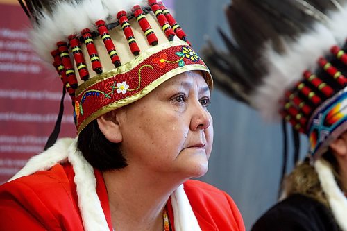 Mike Deal / Winnipeg Free Press
Tears stream down AMC Grand Chief Cathy Merricks face as she listens to others speak about the feasibility study regarding Prairie Green and discusses the next steps in the search.
The Assembly of Manitoba Chiefs hold a press conference &quot;in partnership&quot; with Long Plain First Nation and the families of Rebecca Contois, Morgan Harris and Marcedes Myran to announce the completion of the landfill search feasibility study regarding Prairie Green and discuss the next steps at the Wyndham Garden Hotel, Long Plain First Nation, 460 Madison Street, Friday afternoon.
230512 - Friday, May 12, 2023.