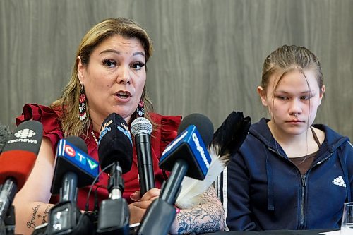 Mike Deal / Winnipeg Free Press
Melissa Normand (left), a cousin of Morgan Harris, with Elle Harris (right), Morgan Harris&#x2019; daughter, during a discussion about the feasibility study regarding Prairie Green and the next steps in the search.
The Assembly of Manitoba Chiefs hold a press conference &quot;in partnership&quot; with Long Plain First Nation and the families of Rebecca Contois, Morgan Harris and Marcedes Myran to announce the completion of the landfill search feasibility study regarding Prairie Green and discuss the next steps at the Wyndham Garden Hotel, Long Plain First Nation, 460 Madison Street, Friday afternoon.
230512 - Friday, May 12, 2023.