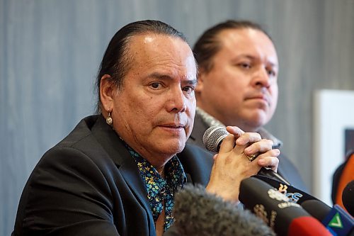 Mike Deal / Winnipeg Free Press
MKO Grand Chief Garrison Settee speaks about the feasibility study regarding Prairie Green and discusses the next steps in the search.
The Assembly of Manitoba Chiefs hold a press conference &quot;in partnership&quot; with Long Plain First Nation and the families of Rebecca Contois, Morgan Harris and Marcedes Myran to announce the completion of the landfill search feasibility study regarding Prairie Green and discuss the next steps at the Wyndham Garden Hotel, Long Plain First Nation, 460 Madison Street, Friday afternoon.
230512 - Friday, May 12, 2023.