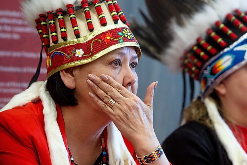 Mike Deal / Winnipeg Free Press
AMC Grand Chief Cathy Merricks wipes tears from here eyes as she listens to others speak about the feasibility study regarding Prairie Green and discusses the next steps in the search.
The Assembly of Manitoba Chiefs hold a press conference &quot;in partnership&quot; with Long Plain First Nation and the families of Rebecca Contois, Morgan Harris and Marcedes Myran to announce the completion of the landfill search feasibility study regarding Prairie Green and discuss the next steps at the Wyndham Garden Hotel, Long Plain First Nation, 460 Madison Street, Friday afternoon.
230512 - Friday, May 12, 2023.