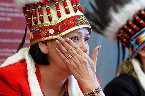 Mike Deal / Winnipeg Free Press
AMC Grand Chief Cathy Merricks wipes tears from here eyes as she listens to others speak about the feasibility study regarding Prairie Green and discusses the next steps in the search.
The Assembly of Manitoba Chiefs hold a press conference &quot;in partnership&quot; with Long Plain First Nation and the families of Rebecca Contois, Morgan Harris and Marcedes Myran to announce the completion of the landfill search feasibility study regarding Prairie Green and discuss the next steps at the Wyndham Garden Hotel, Long Plain First Nation, 460 Madison Street, Friday afternoon.
230512 - Friday, May 12, 2023.