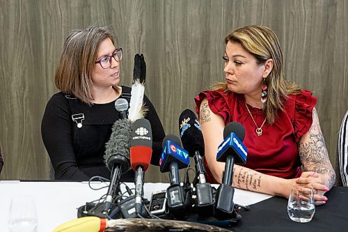 Mike Deal / Winnipeg Free Press
Kirstin Witwicki (left), and Melissa Normand (right), cousins of Morgan Harris, during a discussion about the feasibility study regarding Prairie Green and the next steps in the search.
The Assembly of Manitoba Chiefs hold a press conference &quot;in partnership&quot; with Long Plain First Nation and the families of Rebecca Contois, Morgan Harris and Marcedes Myran to announce the completion of the landfill search feasibility study regarding Prairie Green and discuss the next steps at the Wyndham Garden Hotel, Long Plain First Nation, 460 Madison Street, Friday afternoon.
230512 - Friday, May 12, 2023.