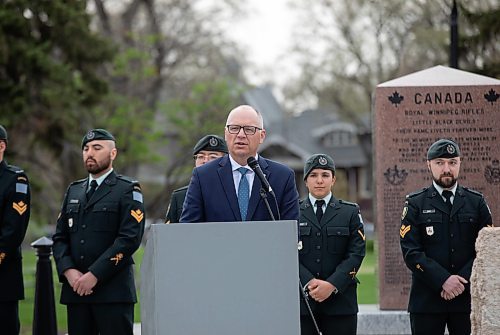 JESSICA LEE / WINNIPEG FREE PRESS

Mayor Scott Gillingham makes a speech May 13, 2023 at Vimy Ridge Memorial Park to honour William Nassau Kennedy, a former commanding officer of the Royal Winnipeg Rifles and the second mayor of Winnipeg. 

Stand up
