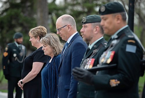 JESSICA LEE / WINNIPEG FREE PRESS

From left to right: MLA for Wolseley Lisa Naylor, Dru Ball, only surviving relative of William Nassau Kennedy, Mayor Scott Gillingham, Lieutenant Colonel Peter Sliwowski are photographed during a moment of silence May 13, 2023 at Vimy Ridge Memorial Park to honour William Nassau Kennedy, a former commanding officer of the Royal Winnipeg Rifles and the second mayor of Winnipeg. 

Stand up