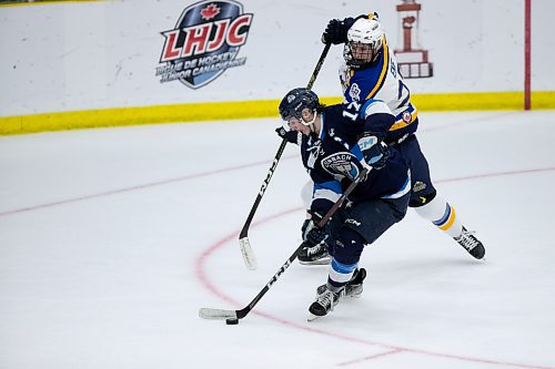 BROOK JONES / WINNIPEG FREE PRESS
The Steinbach Pistons face the Collingwood Blues in Centennial Cup action at Stride Place in Portage la Prairie, Man., Thursday, May 11, 2023.. The 51st edition of Canada's National Junior A Championship runs May 11 to 21. Pictured: Pistons forward Dawson Milliken controls the puck during first period action. 