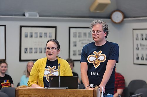 Brandon University English professor Deanna Smid (left) and BU director of communications Grant Hamilton tell Brandon City Council about plans for year two of the school's urban beekeeping project on Monday. (Colin Slark/The Brandon Sun)