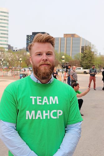 Matt Hollingshead, Manitoba Association of Health Care Professionals treasurer and a paramedic in the Interlake region. Pictured May 16, 2023 after a rally on the grounds of the Manitoba legislature.  (Tyler Searle / Winnipeg Free Press)