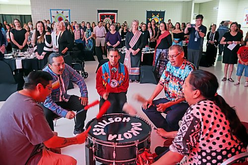 The Dakota Hostiles drum group performs at the Honouring the Good Road gala at the Keystone Centre on Tuesday evening. The event honoured local Indigenous change-makers, allies and youth who live up to the seven sacred teachings. (Tim Smith/The Brandon Sun)