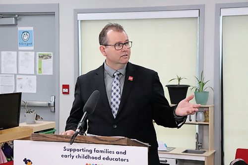 Manitoba Education and Early Childhood Learning Minister Wayne Ewasko announces wage increases for early childhood educators on April 27, 2023 at the René Deleurme Centre at 511 St Anne’s Rd. (Tyler Searle / Winnipeg Free Press) 
